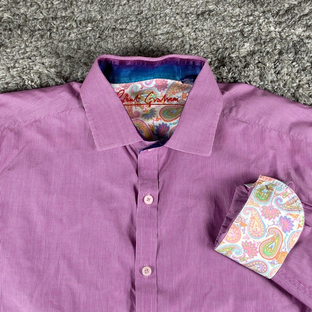 Robert Graham Shirt Men XL Pink Stripe Paisley Button Silk Trim Cotton Embroider